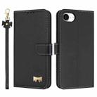 For iPhone 16e Metal Bow Leather Phone Case with Hand Strap(Black) - 1