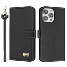 For iPhone 16 Pro Max Metal Bow Leather Phone Case with Hand Strap(Black) - 1