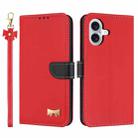 For iPhone 16 Plus Metal Bow Leather Phone Case with Hand Strap(Red) - 1