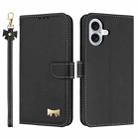 For iPhone 16 Plus Metal Bow Leather Phone Case with Hand Strap(Black) - 1