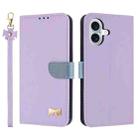 For iPhone 16 Plus Metal Bow Leather Phone Case with Hand Strap(Purple) - 1