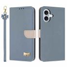 For iPhone 16 Metal Bow Leather Phone Case with Hand Strap(Light Blue) - 1
