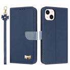 For iPhone 15 Plus / 14 Plus Metal Bow Leather Phone Case with Hand Strap(Dark Blue) - 1
