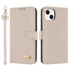 For iPhone 15 Plus / 14 Plus Metal Bow Leather Phone Case with Hand Strap(Apricot) - 1