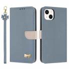 For iPhone 15 Plus / 14 Plus Metal Bow Leather Phone Case with Hand Strap(Light Blue) - 1