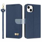 For iPhone 14 / 13 Metal Bow Leather Phone Case with Hand Strap(Dark Blue) - 1
