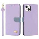 For iPhone 14 / 13 Metal Bow Leather Phone Case with Hand Strap(Purple) - 1