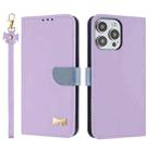 For iPhone 14 Pro Max Metal Bow Leather Phone Case with Hand Strap(Purple) - 1