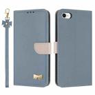 For iPhone 7 / 8 / SE 2022 Metal Bow Leather Phone Case with Hand Strap(Light Blue) - 1