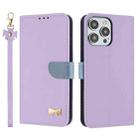 For iPhone 13 Pro Metal Bow Leather Phone Case with Hand Strap(Purple) - 1
