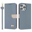 For iPhone 13 Pro Metal Bow Leather Phone Case with Hand Strap(Light Blue) - 1