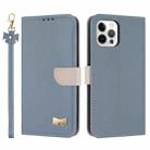 For iPhone 12 / 12 Pro Metal Bow Leather Phone Case with Hand Strap(Light Blue) - 1