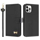 For iPhone 12 Pro Max Metal Bow Leather Phone Case with Hand Strap(Black) - 1