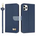 For iPhone 11 Pro Max Metal Bow Leather Phone Case with Hand Strap(Dark Blue) - 1