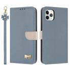 For iPhone 11 Pro Max Metal Bow Leather Phone Case with Hand Strap(Light Blue) - 1