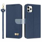 For iPhone 11 Pro Metal Bow Leather Phone Case with Hand Strap(Dark Blue) - 1
