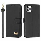 For iPhone 11 Pro Metal Bow Leather Phone Case with Hand Strap(Black) - 1