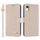 For iPhone XR Metal Bow Leather Phone Case with Hand Strap(Apricot) - 1