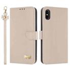 For iPhone XS Max Metal Bow Leather Phone Case with Hand Strap(Apricot) - 1