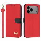 For iPhone 17 Pro Max Metal Bow Leather Phone Case with Hand Strap(Red) - 1