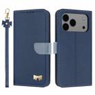 For iPhone 17 Pro Max Metal Bow Leather Phone Case with Hand Strap(Dark Blue) - 1