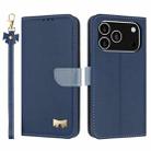For iPhone 17 Pro Metal Bow Leather Phone Case with Hand Strap(Dark Blue) - 1
