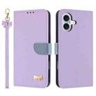 For iPhone 17 Metal Bow Leather Phone Case with Hand Strap(Purple) - 1