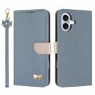 For iPhone 17 Metal Bow Leather Phone Case with Hand Strap(Light Blue) - 1