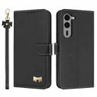 For Fujitsu Arrows We2 Plus F-51E Metal Bow Leather Phone Case with Hand Strap(Black) - 1