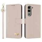 For Fujitsu Arrows We2 Plus F-51E Metal Bow Leather Phone Case with Hand Strap(Apricot) - 1