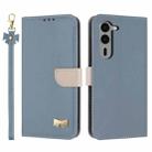 For Fujitsu Arrows We2 Plus F-51E Metal Bow Leather Phone Case with Hand Strap(Light Blue) - 1
