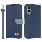 For Fujitsu Arrows We2 F-52E Metal Bow Leather Phone Case with Hand Strap(Dark Blue) - 1