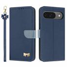 For Google Pixel 10 Pro / 9 Pro Metal Bow Leather Phone Case with Hand Strap(Dark Blue) - 1
