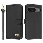For Google Pixel 10 Pro / 9 Pro Metal Bow Leather Phone Case with Hand Strap(Black) - 1