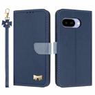 For Google Pixel 9a Metal Bow Leather Phone Case with Hand Strap(Dark Blue) - 1