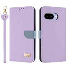 For Google Pixel 9a Metal Bow Leather Phone Case with Hand Strap(Purple) - 1