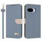 For Google Pixel 9a Metal Bow Leather Phone Case with Hand Strap(Light Blue) - 1