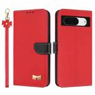 For Google Pixel 8a Metal Bow Leather Phone Case with Hand Strap(Red) - 1