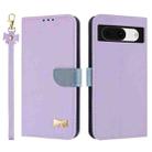 For Google Pixel 8a Metal Bow Leather Phone Case with Hand Strap(Purple) - 1