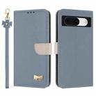 For Google Pixel 8a Metal Bow Leather Phone Case with Hand Strap(Light Blue) - 1