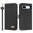 For Google Pixel 7a Metal Bow Leather Phone Case with Hand Strap(Black) - 1