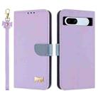 For Google Pixel 7a Metal Bow Leather Phone Case with Hand Strap(Purple) - 1
