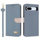For Google Pixel 7a Metal Bow Leather Phone Case with Hand Strap(Light Blue) - 1
