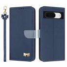 For Google Pixel 8 Metal Bow Leather Phone Case with Hand Strap(Dark Blue) - 1