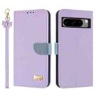 For Google Pixel 8 Pro Metal Bow Leather Phone Case with Hand Strap(Purple) - 1