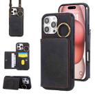 For iPhone 16 Pro Max Car Magnetic Ring Buckle Card Bag Phone Case with Lanyard(Black) - 1