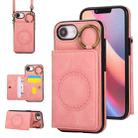 For iPhone 16e Car Magnetic Ring Buckle Card Bag Phone Case with Lanyard(Pink) - 1
