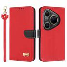 For Huawei Pura 80 Ultra 5G Metal Bow Leather Phone Case with Hand Strap(Red) - 1