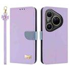 For Huawei Pura 80 Ultra 5G Metal Bow Leather Phone Case with Hand Strap(Purple) - 1