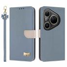 For Huawei Pura 80 Ultra 5G Metal Bow Leather Phone Case with Hand Strap(Light Blue) - 1